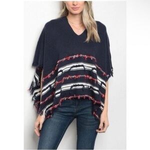 Navy Striped Poncho with Fringe